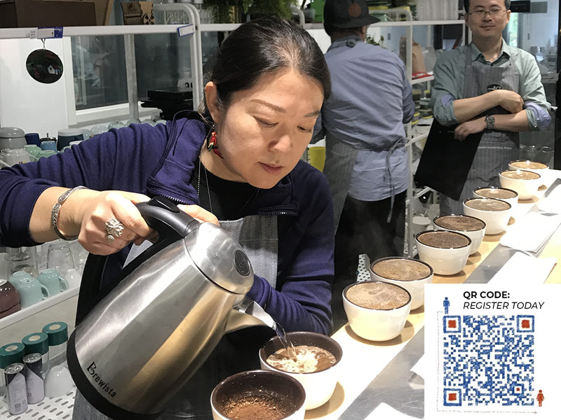 Photo of the Enlighten Curiosity Coffee Lab in Nanjing, China with registration QR code